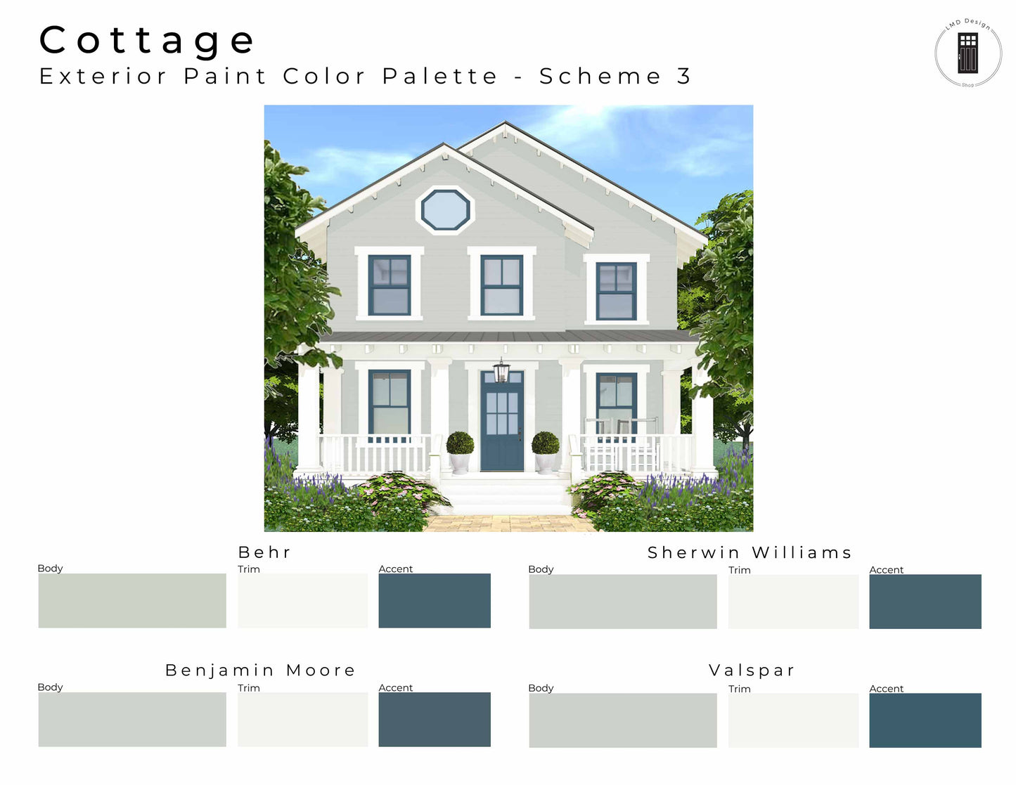 Cottage Style Exterior Paint Color Palette | Charming Curb Appeal | Printable PDF | Instant Download