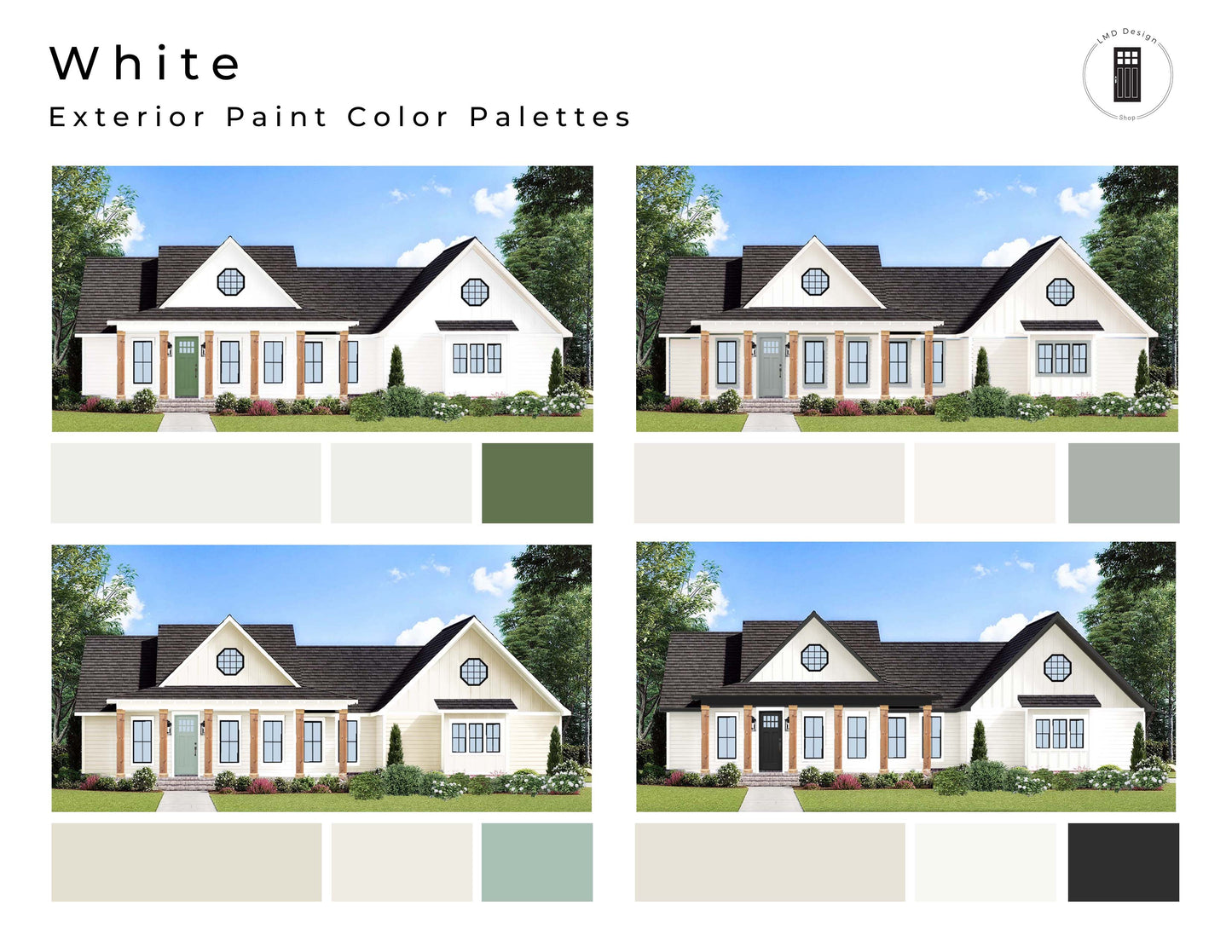 Collage of houses with white exteriors and paint color palettes.
