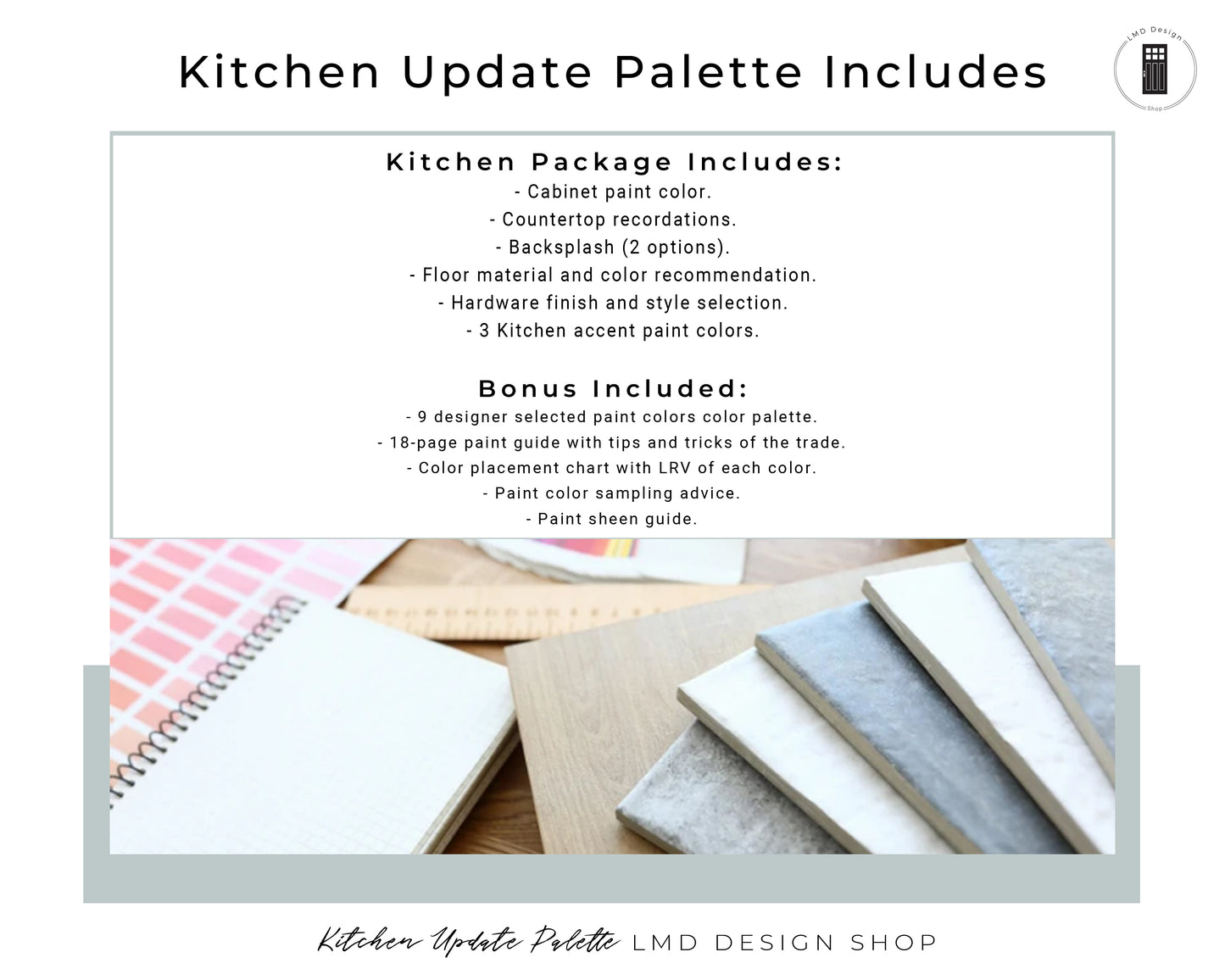 Promotional graphic for a kitchen design package with paint samples and text.