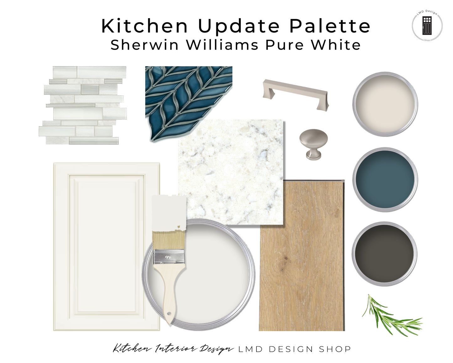 Collection of kitchen elements and paint samples with Sherwin Williams Pure White color swatch.
