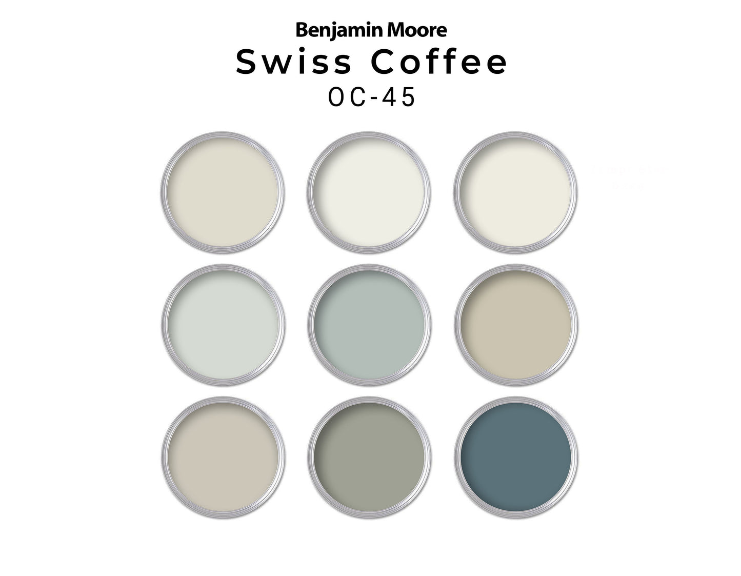A palette of nine Benjamin Moore Swiss Coffee paint colors, featuring a range of beige, gray, and green shades.