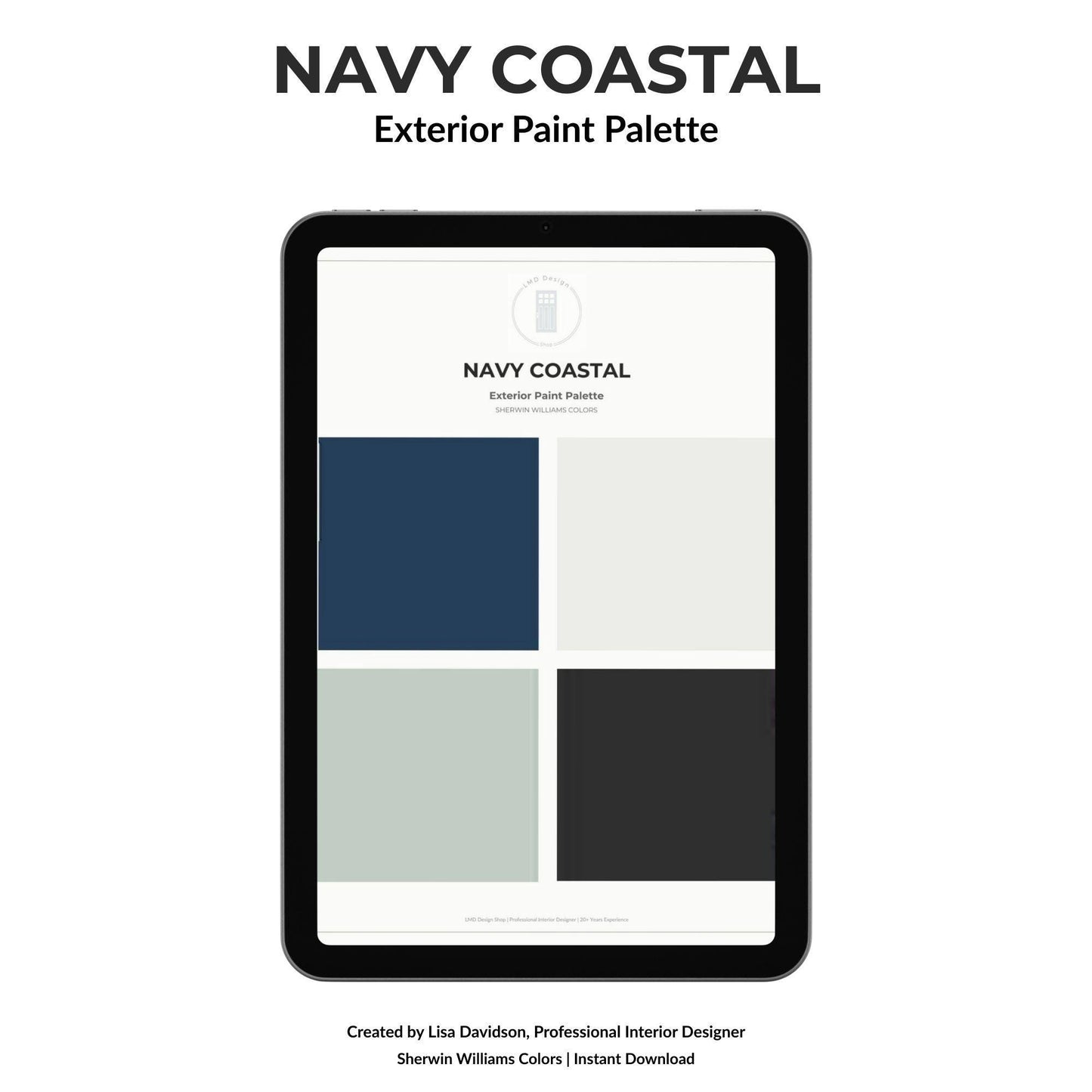 Navy Coastal Exterior Paint Palette | Sherwin Williams House Colors | Dark Blue Exterior | Cape Cod Paint Colors | Coastal Curb Appeal