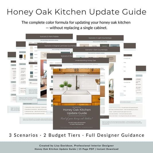 Honey Oak Kitchen Update Guide | Paint Colors, Hardware & Design Plan for Honey Oak Cabinets | 3 Scenarios | Sherwin-Williams + Behr