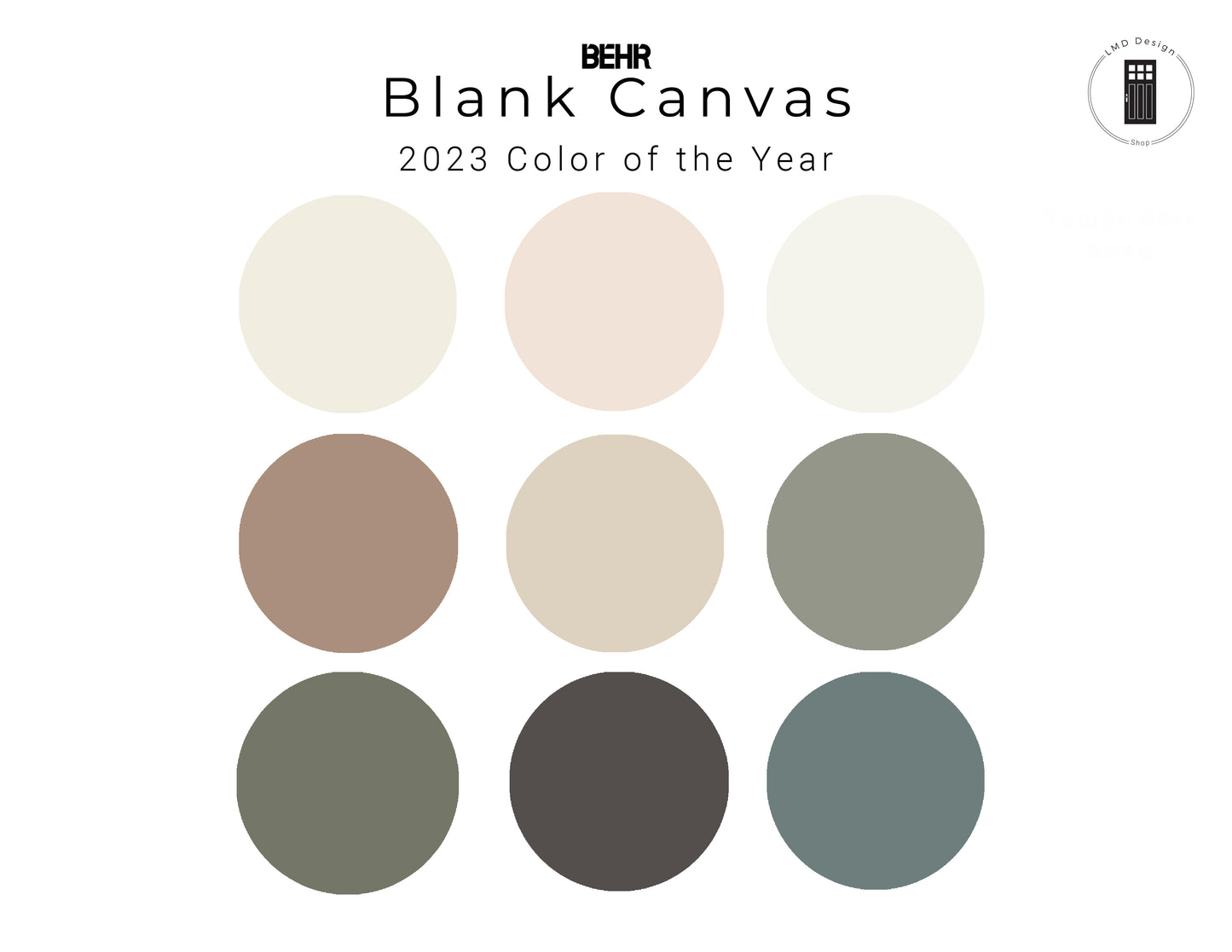 Color swatches labeled 'Blank Canvas' by BEHR, 2023 Color of the Year, on a white background.