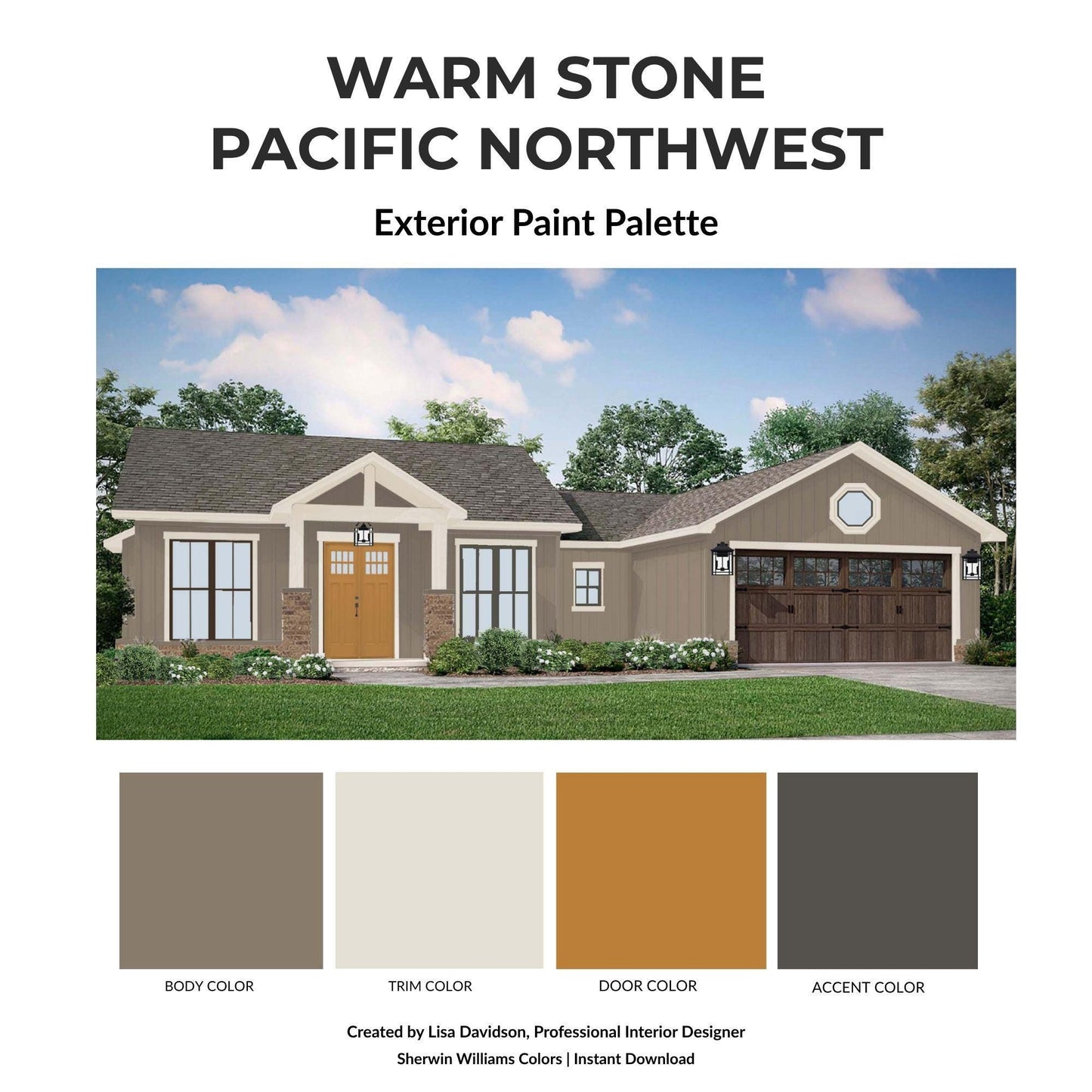 Warm Stone Pacific Northwest Exterior Paint Palette | Sherwin Williams Greige House Colors | Digital Download