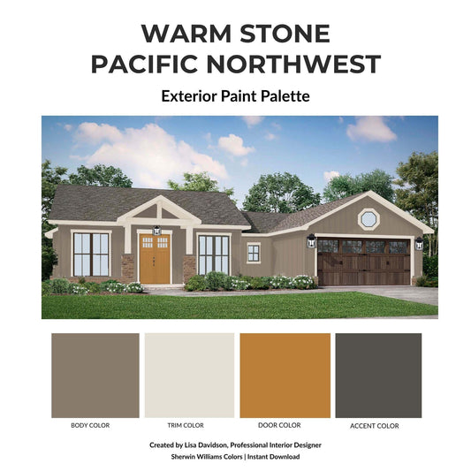 Warm Stone Pacific Northwest Exterior Paint Palette | Sherwin Williams Greige House Colors | Digital Download