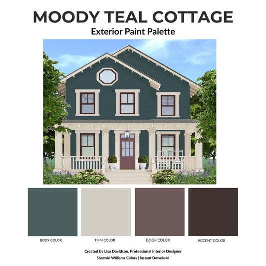 Moody Teal Cottage Exterior Paint Palette | Still Water Sherwin Williams | Cottage House Colors | Teal Exterior Paint | Digital Download