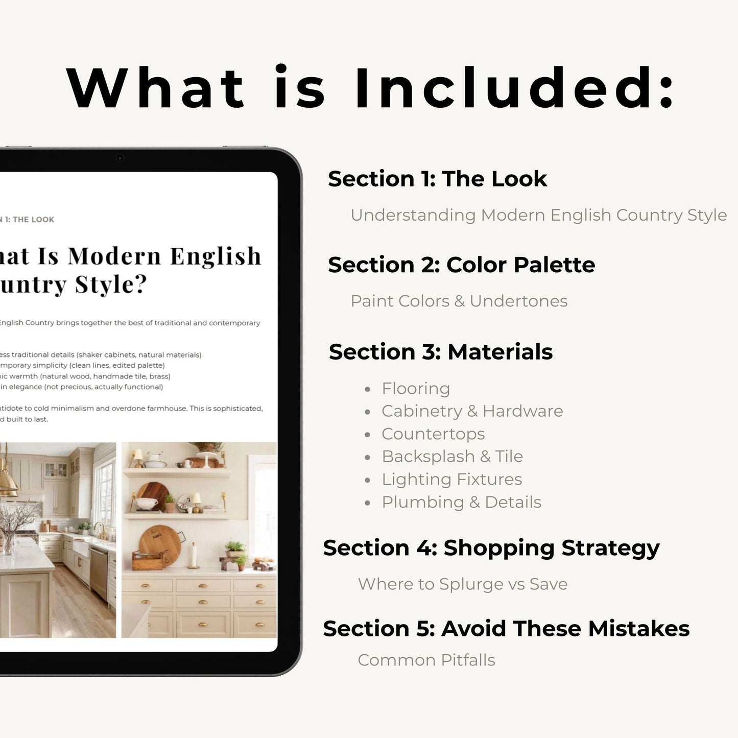 Modern English Country Kitchen Design Guide PDF | Complete Material Specs | Paint Colors Hardware Countertops | Digital Download