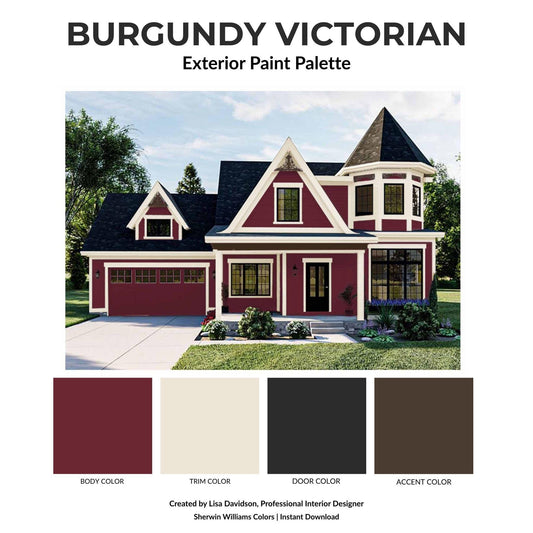 Burgundy Victorian Exterior Paint Palette | Hardware Guide | Professional Designer | Sherwin Williams Colors
