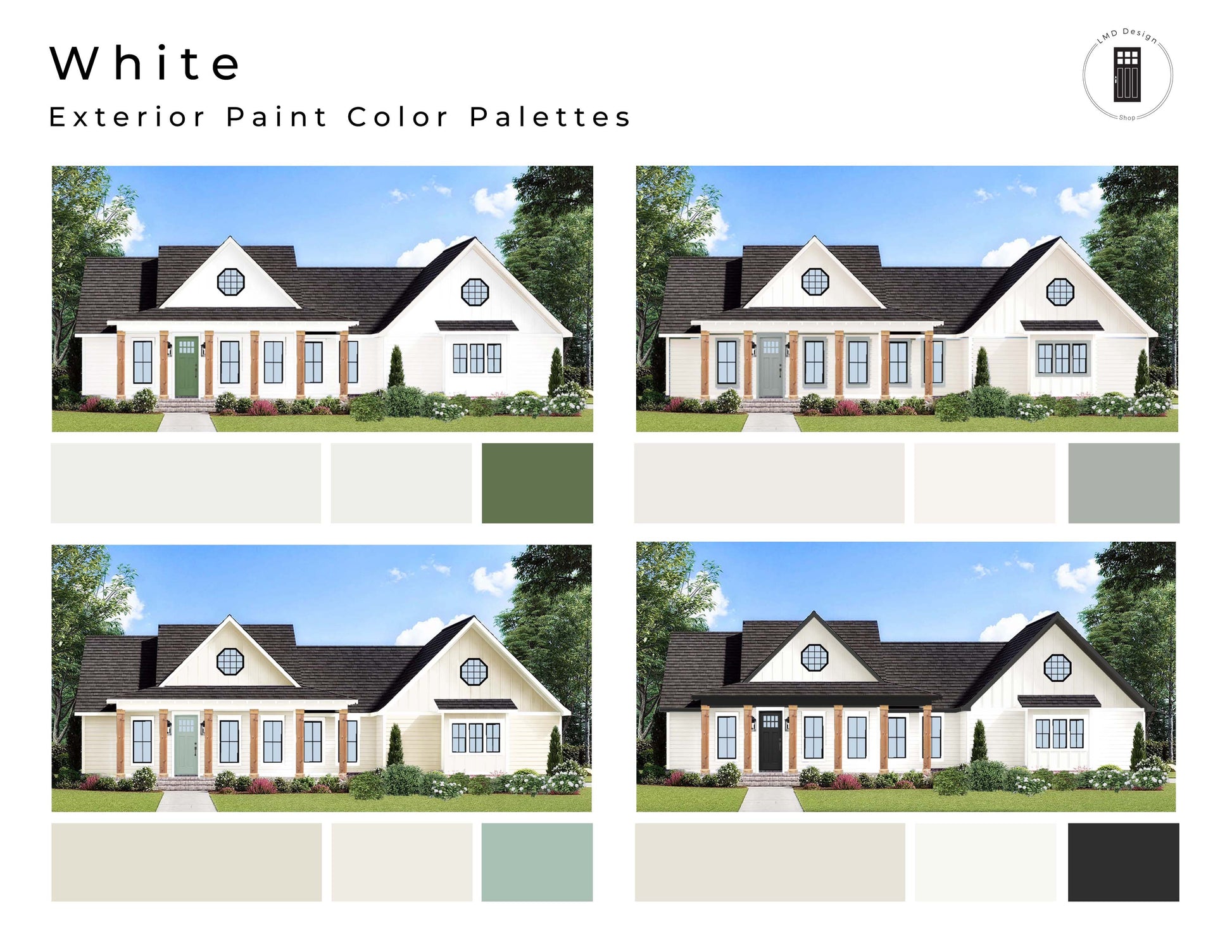Collage of houses with white exteriors and paint color palettes.