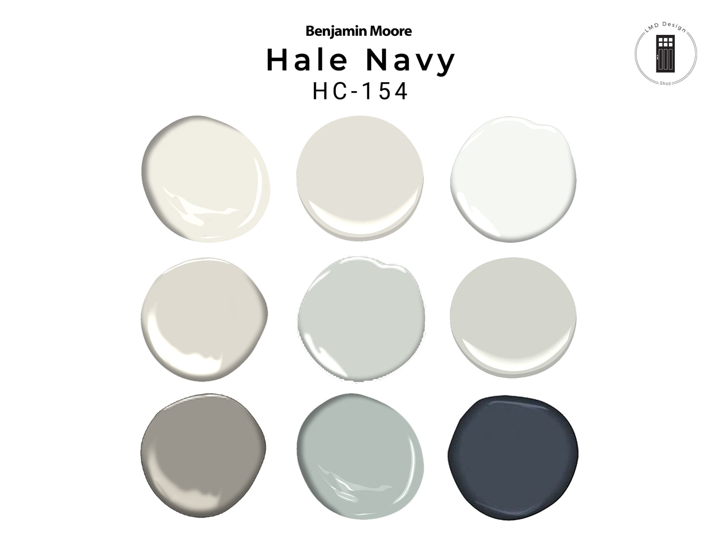 Benjamin Moore Hale Navy paint color swatches on a white background