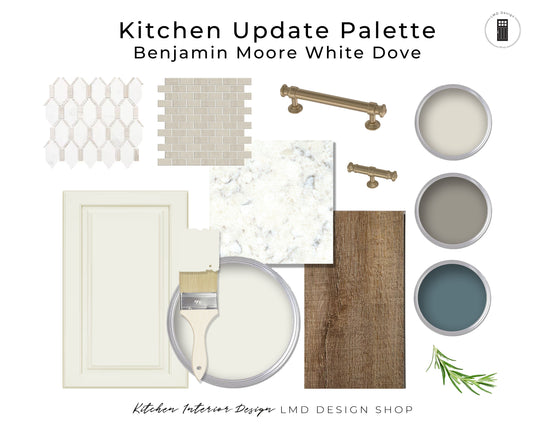 Kitchen design palette with color swatches and decor elements, featuring Benjamin Moore White Dove.