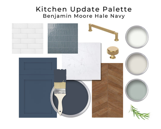 Collage of kitchen elements with Benjamin Moore Hale Navy paint swatches on a white background.