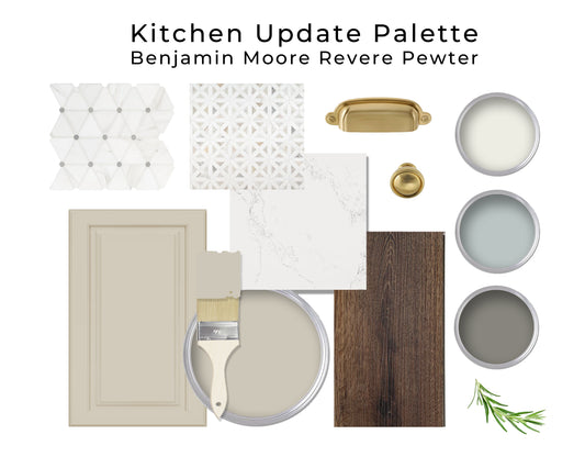 Collage of kitchen elements and paint samples with Benjamin Moore Revere Pewter color swatch.