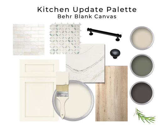 Collage of kitchen elements and paint samples with 'Kitchen Update Palette' and 'Behr Blank Canvas' text.