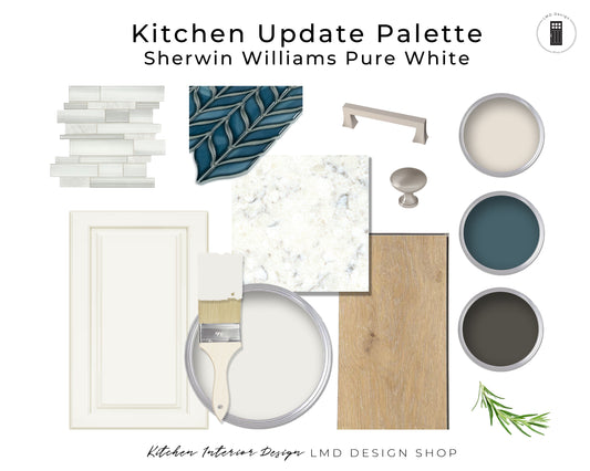 Collection of kitchen elements and paint samples with Sherwin Williams Pure White color swatch.