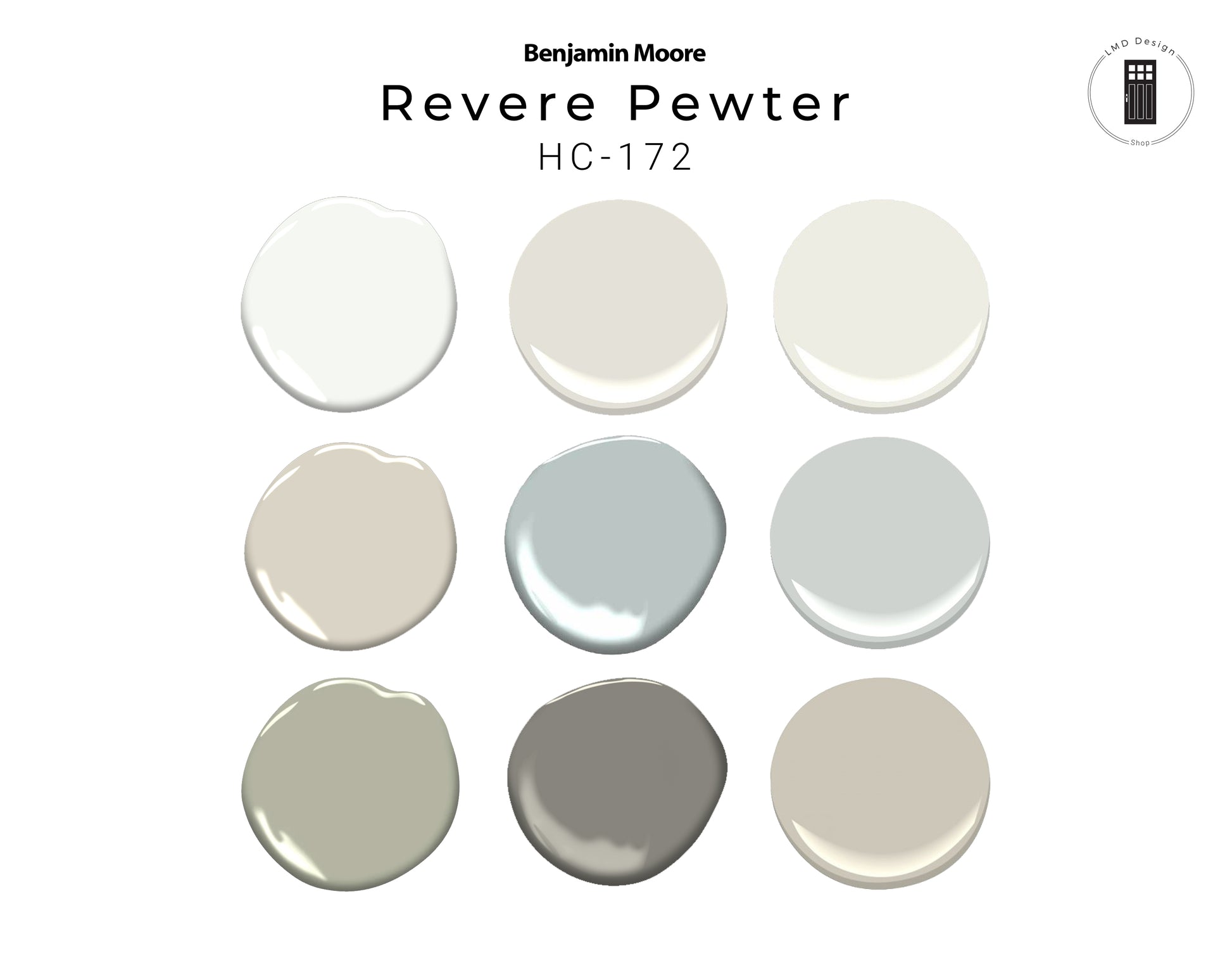 Benjamin Moore Revere Pewter paint color swatches on a white background