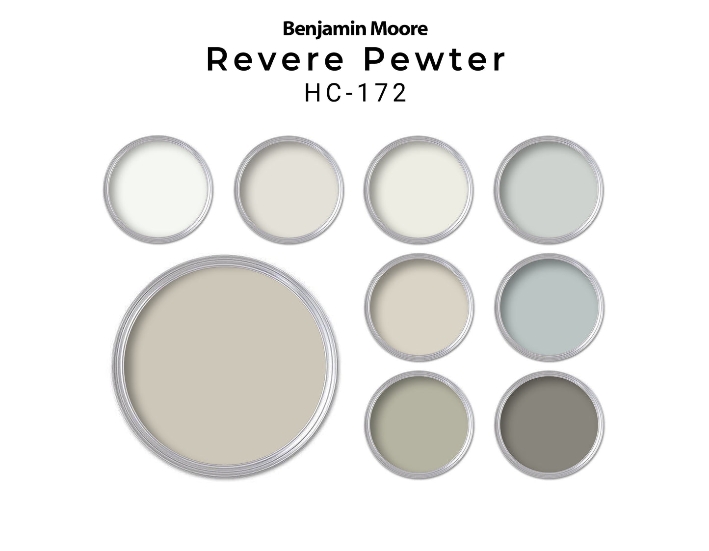 Benjamin Moore Revere Pewter paint swatches on a white background