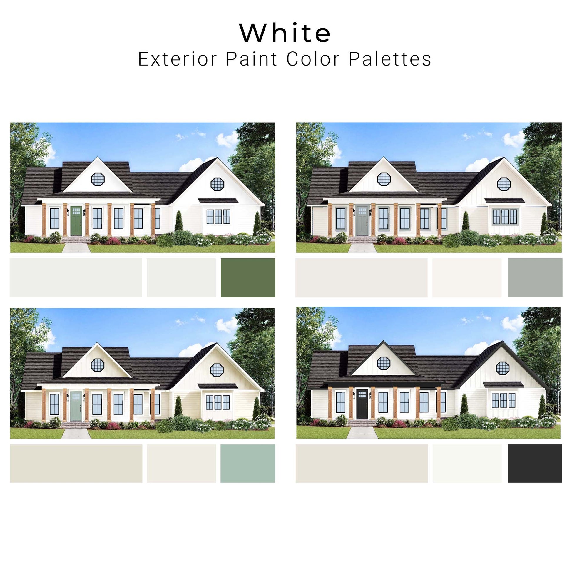 Four pre-made exterior paint color schemes for houses with white paint, displayed with color names and numbers for Sherwin Williams, Benjamin Moore, Behr, and Valspar paint manufacturers.