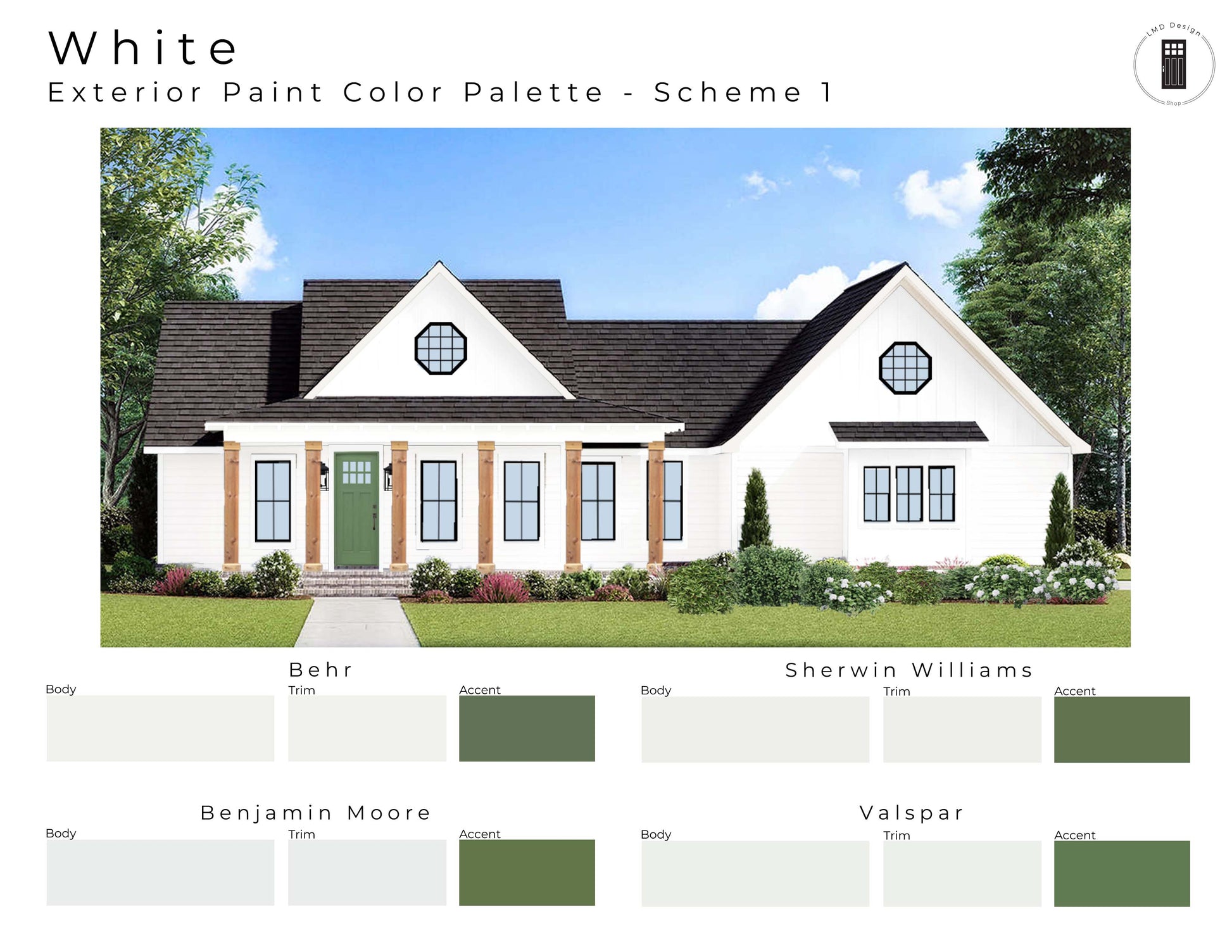 House with white exterior and green accents in a color palette scheme.