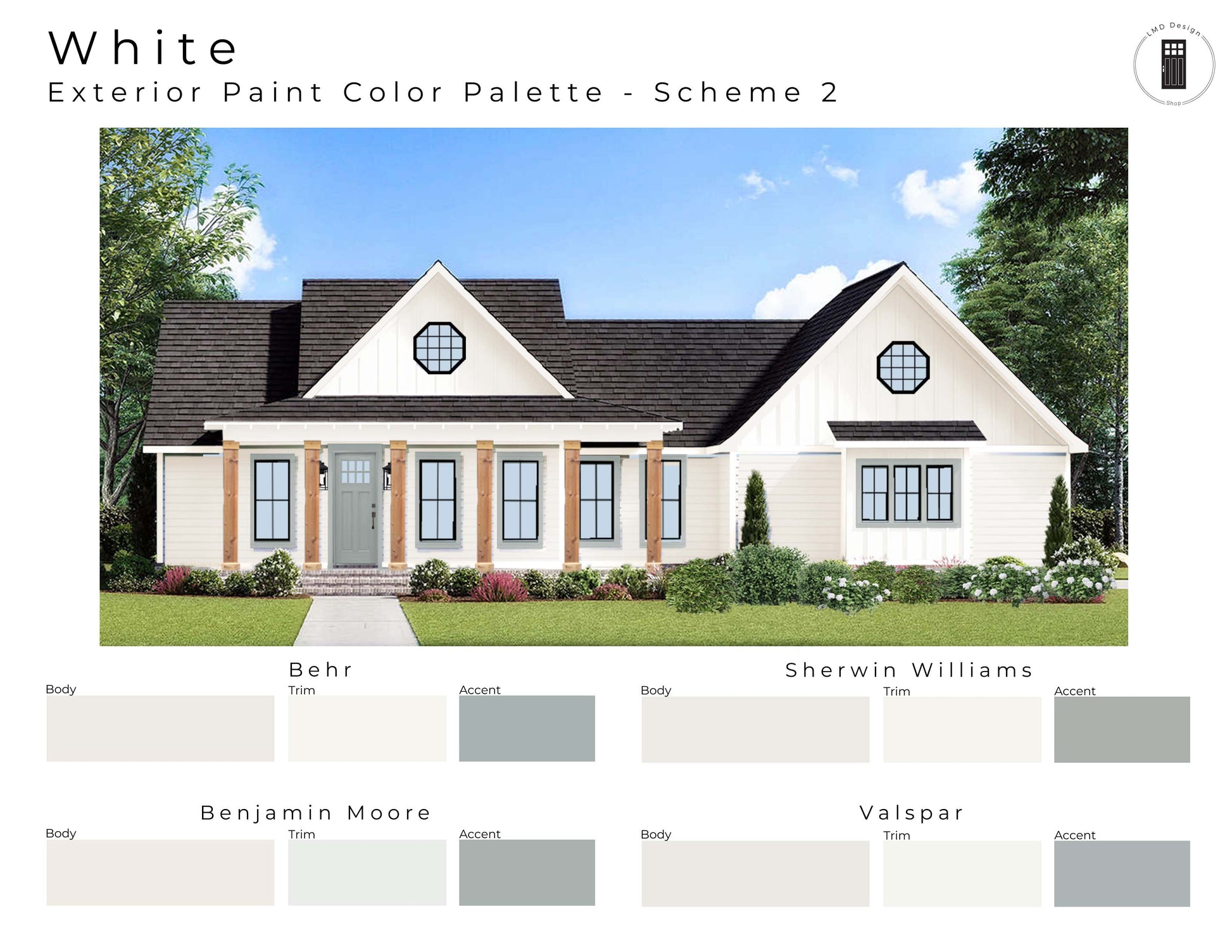 House with white exterior and color palette swatches