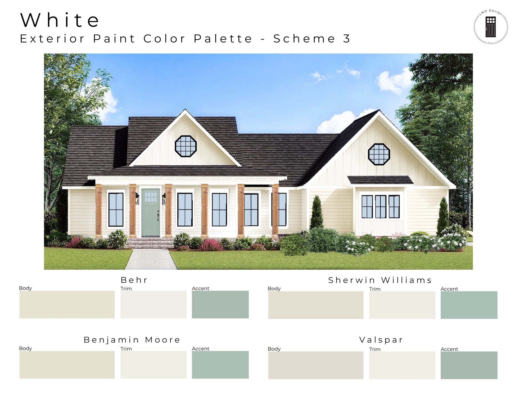 House with exterior paint color palette scheme and color swatches.
