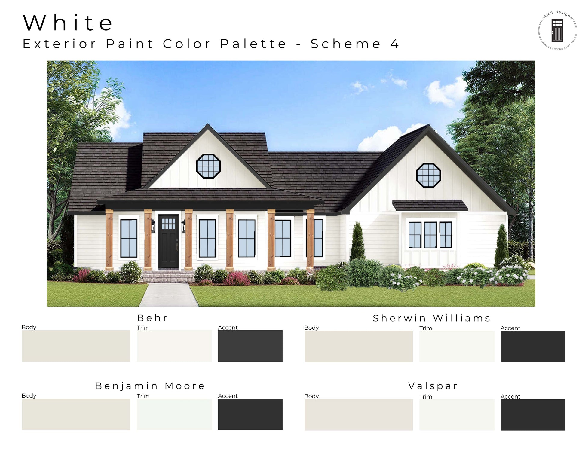 House with white exterior and color palette chart below