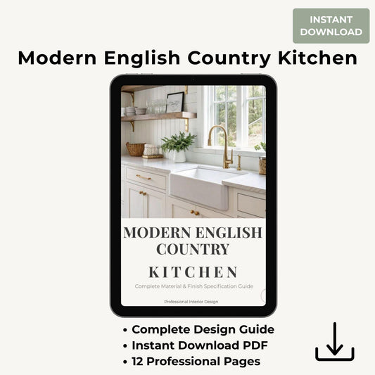 Modern English Country Kitchen Design Guide PDF | Complete Material Specs | Paint Colors Hardware Countertops | Digital Download