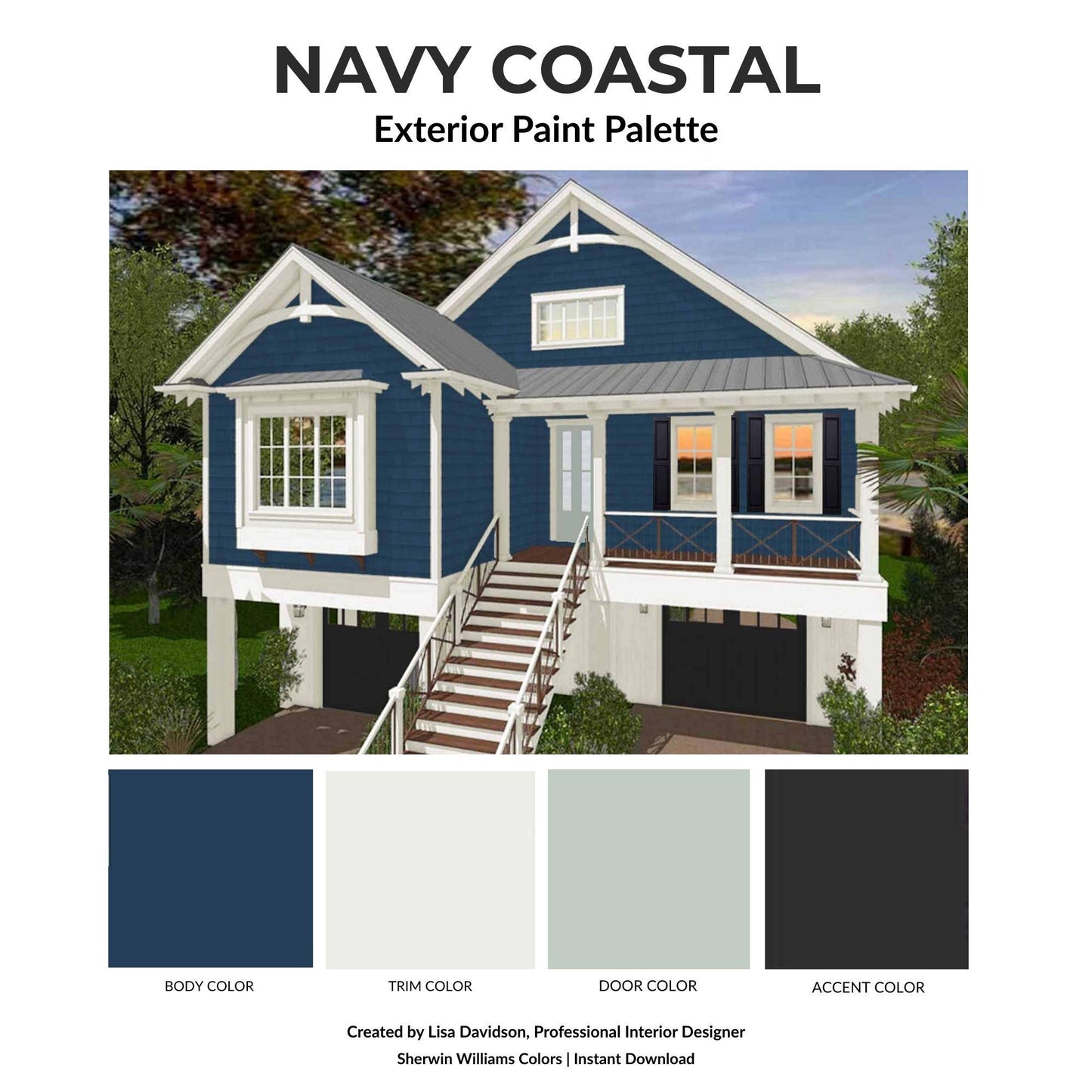 Navy Coastal Exterior Paint Palette | Sherwin Williams House Colors | Dark Blue Exterior | Cape Cod Paint Colors | Coastal Curb Appeal