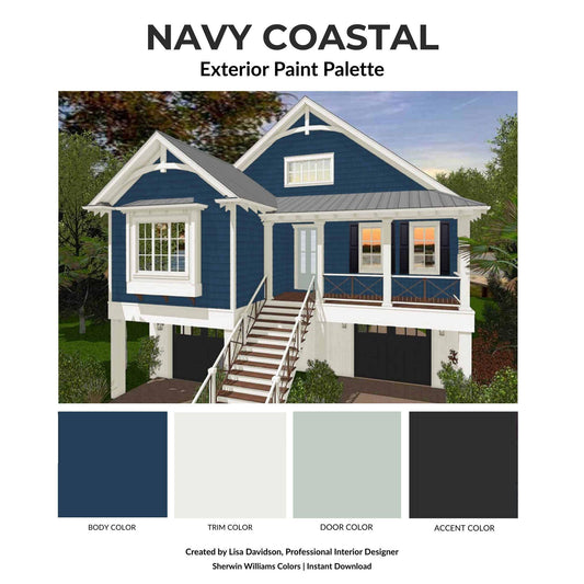 Navy Coastal Exterior Paint Palette | Sherwin Williams House Colors | Dark Blue Exterior | Cape Cod Paint Colors | Coastal Curb Appeal