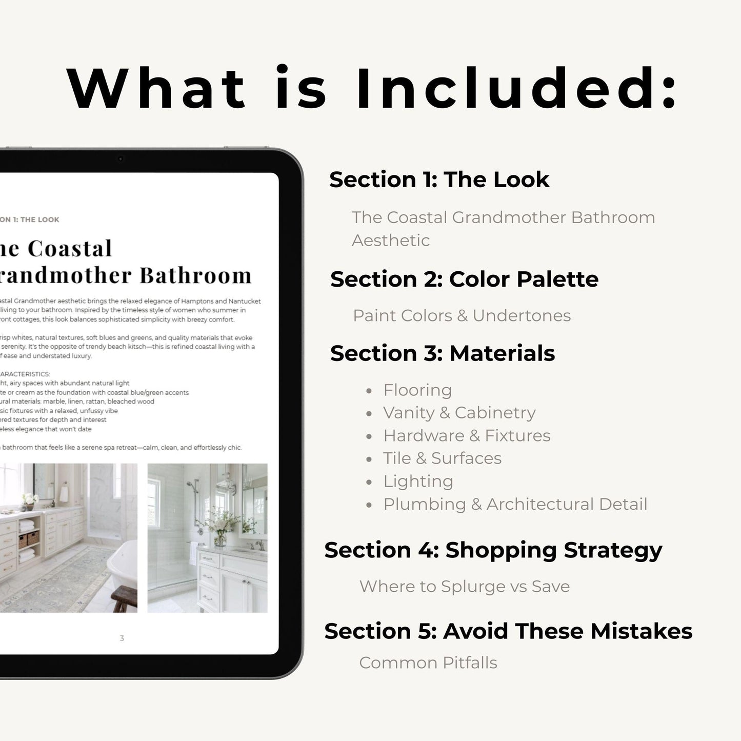 Coastal Grandmother Bathroom Design Guide PDF | Complete Material Specs | Tile Vanity Hardware Fixtures | Digital Download