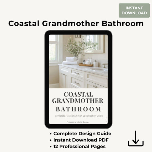 Coastal Grandmother Bathroom Design Guide PDF | Complete Material Specs | Tile Vanity Hardware Fixtures | Digital Download