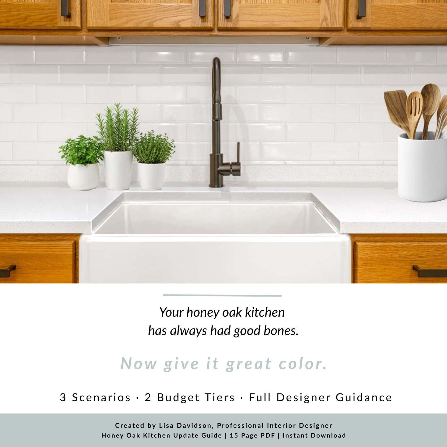 Honey Oak Kitchen Update Guide | Paint Colors, Hardware & Design Plan for Honey Oak Cabinets | 3 Scenarios | Sherwin-Williams + Behr