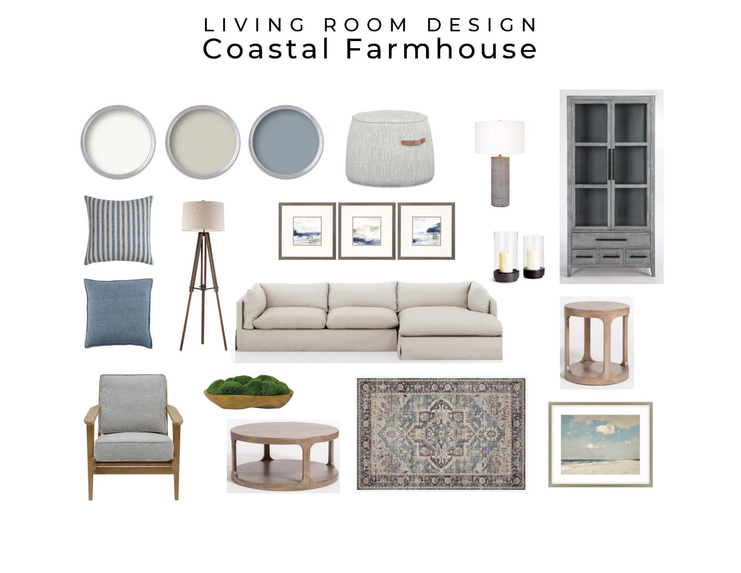 Coastal Farmhouse Living Room Design | Mood Board Coastal Farmhouse Design