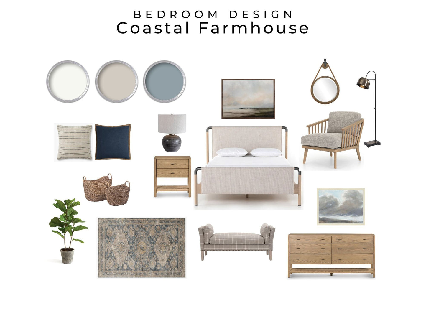 Coastal Farmhouse Bedroom Design | Mood Board Coastal Farmhouse Bedroom Interior Design